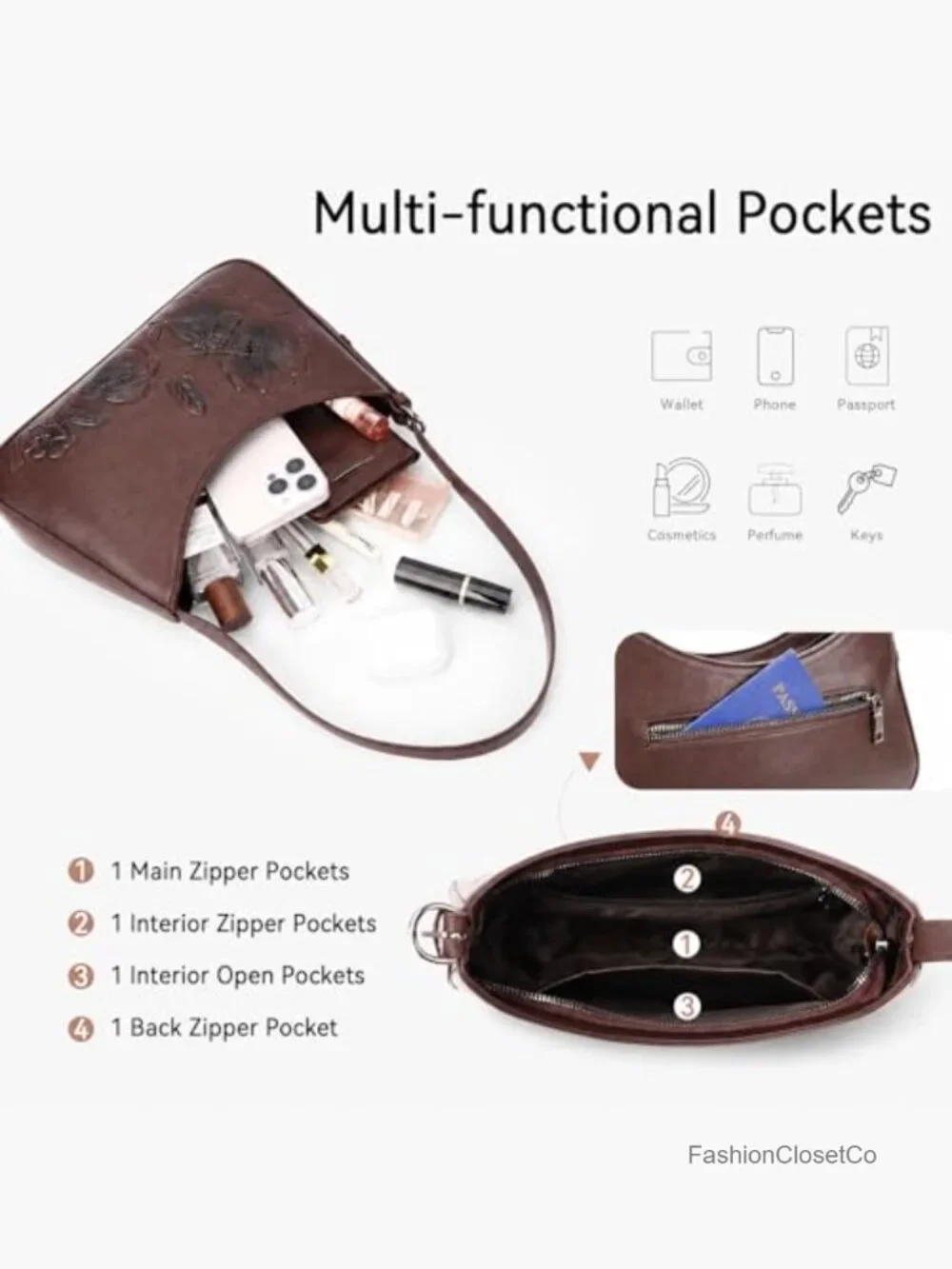 Small Vegan Leather Hobo Crossbody Purse with Floral Embossed Adjustable Strap